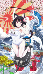 Rule 34 | 1girl, amanogami dai, animal ear fluff, animal ears, azur lane, bell, breasts, cannon, cat ears, cat mask, cherry blossoms, collarbone, daruma doll, flower, highres, jingle bell, koinobori, large breasts, mask, mask on head, mountain, name tag, old school swimsuit, one-piece swimsuit, open mouth, rising sun flag, school swimsuit, short hair, smile, solo, spider lily, sunburst, swimsuit, tail, tail bell, tail ornament, thighhighs, torii, water, waves, white one-piece swimsuit, white school swimsuit, white thighhighs, windsock, yamashiro (azur lane), yamashiro (summer offensive?) (azur lane)