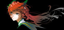 Rule 34 | 1girl, alternate hair color, animal ears, black background, commentary request, cropped shoulders, ear covers, ear ornament, expressionless, floating hair, gradient hair, green eyes, green sailor collar, grey hair, half-closed eyes, highres, horse ears, horse girl, looking to the side, multicolored hair, orange hair, parted lips, sailor collar, silence suzuka (umamusume), simple background, solo, turning head, umamusume, yezi (yo10ru29ko)
