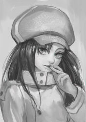 Rule 34 | 10s, 1girl, buttons, canking, coat, expressionless, freckles, grey background, gundam, gundam build fighters, hat, hime cut, lips, long hair, long sleeves, mihoshi (gundam bf), monochrome, parted lips, simple background, solo, upper body, winter clothes, winter coat