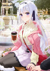 Rule 34 | 1girl, bag, bench, between breasts, black pantyhose, blush, breasts, closed mouth, coat, coffee, commentary, dating, day, drink, earrings, flower, fountain, fuumi (radial engine), hair ornament, hair ribbon, hairband, handbag, holding, holding drink, jewelry, long hair, looking at viewer, medium breasts, open clothes, open coat, original, outdoors, pantyhose, pink coat, plaid, plaid skirt, purple eyes, purple skirt, ribbed shirt, ribbon, shirt, silver hair, skirt, smile, solo focus, strap between breasts, tree, turtleneck, x hair ornament, yellow shirt