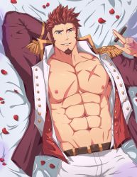 Rule 34 | 1boy, abs, bara, bare pectorals, belt, blue eyes, brown belt, brown hair, bulge, cigar, cross scar, epaulettes, facial hair, fate/grand order, fate (series), fringe trim, goatee, hideki (maximus9873), highres, jacket, large pectorals, long sideburns, looking at viewer, lying, male focus, mature male, military, military uniform, muscular, muscular male, napoleon bonaparte (fate), navel, nipples, on back, on bed, open clothes, open jacket, open shirt, pants, pectorals, petals, scar, scar on chest, short hair, sideburns, smile, solo, stomach, uniform, white pants