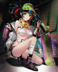 Rule 34 | 1girl, badge, bare shoulders, bikini, black hair, black shorts, blue hair, blush, breasts, brick wall, button badge, cleavage, fate/grand order, fate (series), green hat, hat, headphones, headphones around neck, highres, jacket, kneeling, large breasts, long hair, long sleeves, looking at viewer, multicolored hair, off shoulder, open clothes, open jacket, purple footwear, red hair, sei shounagon (fate), sei shounagon (swimsuit berserker) (fate), short shorts, shorts, sidelocks, skateboard, smile, solo, spray can, swimsuit, thigh strap, tsujieiri, twintails, visor cap, white bikini, white jacket, yellow eyes