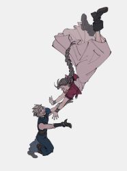 Rule 34 | 1boy, 1girl, aerith gainsborough, armor, belt, blonde hair, boots, bracelet, braid, brown hair, catching, cloud strife, dress, final fantasy, final fantasy vii, final fantasy vii remake, gloves, hetero, highres, jacket, jewelry, oimo (oimkimn), open mouth, pink dress, red jacket, ribbon, shoulder armor, spiked hair, square enix, suspenders, sweat, turtleneck, uniform