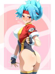 Rule 34 | 1girl, absurdres, ass, blue hair, blush, breasts, creatures (company), fingerless gloves, game freak, gloves, heart, highres, huge ass, jacket, konpeto, large breasts, legs, leotard, looking back, naughty face, nintendo, orange eyes, pokemon, pokemon ranger, pokemon ranger (game), seductive smile, sideboob, smile, solana (pokemon), solo, thick thighs, thighs, thong leotard, tongue, tongue out