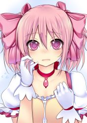Rule 34 | 10s, 1girl, bad id, bad pixiv id, blush, bow, brooch, flying sweatdrops, gloves, hair between eyes, hair bow, haruta (806060), jewelry, kaname madoka, looking at viewer, magical girl, mahou shoujo madoka magica, mahou shoujo madoka magica (anime), pink eyes, pink hair, short hair, short twintails, solo, soul gem, twintails, upper body, white gloves, worried
