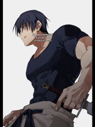 Rule 34 | 1boy, :q, bara, black hair, black shirt, cowboy shot, fighting stance, from side, fushiguro touji, jujutsu kaisen, large pectorals, male focus, mature male, muscular, muscular male, pants, pectorals, profile, ready to draw, rokuro yusa, scar, scar on face, scar on mouth, shirt, short hair, simple background, smile, solo, standing, tight clothes, tight shirt, tongue, tongue out, tsurime