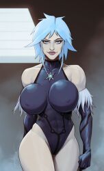 Rule 34 | 1girl, bare shoulders, batman (series), black gloves, black leotard, blue eyes, blue hair, breasts, clenched hands, covered abs, covered collarbone, covered erect nipples, dc comics, devilhs, elbow gloves, fur-trimmed gloves, fur trim, gloves, highres, huge breasts, killer frost, leotard, light blue hair, looking at viewer, medium hair, raised eyebrow, signature, smirk, solo, standing
