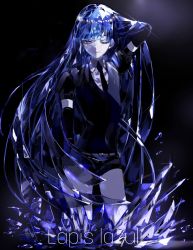Rule 34 | 1other, androgynous, blue eyes, blue hair, character name, colored eyelashes, crystal, crystal hair, dark background, elbow gloves, gazelle (aircity), gem uniform (houseki no kuni), gloves, hand in own hair, highres, hime cut, houseki no kuni, lapis lazuli (gemstone), lapis lazuli (houseki no kuni), light smile, long hair, looking at viewer, necktie, one eye closed, solo