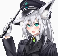 Rule 34 | 1girl, absurdres, animal ear fluff, animal ears, arm up, black hat, black jacket, black necktie, blush, braid, collared shirt, commentary request, earrings, fox ears, fox girl, gloves, green eyes, hair between eyes, hat, highres, holding, hololive, jacket, jewelry, long hair, long sleeves, looking at viewer, micon, necktie, open mouth, peaked cap, shirakami fubuki, shirt, sidelocks, simple background, single braid, solo, virtual youtuber, white background, white gloves, white hair, white shirt