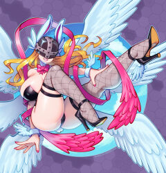 Rule 34 | 1girl, absurdres, angel, angewomon, animal ears, areola slip, ass, black footwear, black leotard, blonde hair, bow, bowtie, breasts, covered erect nipples, covered eyes, digimon, digimon (creature), feathered wings, fishnet thighhighs, fishnets, flying, full body, grin, helmet, helmet over eyes, high heels, highres, huge breasts, leotard, long hair, multiple wings, nail polish, pink bow, pink bowtie, pink nails, playboy bunny, rabbit ears, smile, supersatanson, thick thighs, thighhighs, thighs, winged helmet, wings, wrist wings