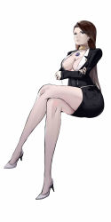 Rule 34 | 1girl, 9h, absurdres, ace attorney, bare legs, blazer, breasts, brown hair, chinese commentary, choker, cleavage, closed mouth, crossed arms, earrings, expressionless, floating, forehead, formal, full body, grey eyes, high heels, highres, jacket, jewelry, knees together feet apart, large breasts, legs, crossed legs, long hair, looking at viewer, mia fey, mole, mole under mouth, necklace, open clothes, open jacket, open shirt, simple background, sitting, skirt, solo, suit, thighs, white background, white footwear