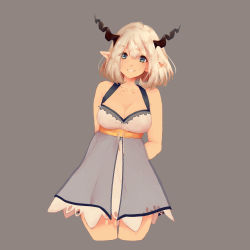 Rule 34 | 1girl, absurdres, arm behind back, black horns, blue eyes, breasts, cleavage, concept art, copyright request, dress, grey background, highres, horns, pointy ears, short hair, simple background, sleeveless, sleeveless dress, standing, waifubot, white hair