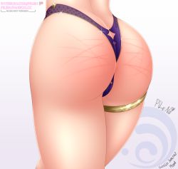 Rule 34 | 1girl, 2020, artist name, ass, ass focus, character name, copyright name, dated, genshin impact, highres, mona (genshin impact), panties, pilen, self-upload, simple background, solo, spanked, spanking, thigh strap, thighlet, thighs, underwear, white background