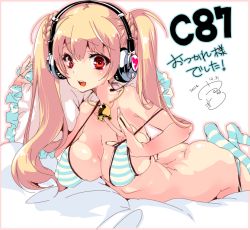 Rule 34 | 1girl, bare shoulders, bell, bikini, blush, breasts, convention greeting, headphones, kamizuki shiki, large breasts, long hair, looking at viewer, lying, on stomach, original, panties, panty pull, red eyes, socks, solo, striped bikini, striped clothes, striped legwear, striped socks, swimsuit, twintails, underwear