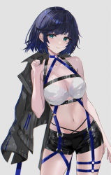 Rule 34 | 1girl, absurdres, alternate costume, bare arms, bare shoulders, black jacket, black shorts, blue eyes, blue hair, braid, breasts, chest harness, cleavage, collarbone, cowboy shot, diagonal bangs, genshin impact, green eyes, grey background, hand up, harness, highres, jacket, jacket on shoulders, large breasts, looking at viewer, midriff, mole, mole on breast, multiple straps, navel, parted lips, raiya atelier, short hair, short shorts, shorts, simple background, smile, solo, standing, stomach, thighs, yelan (genshin impact)