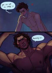 Rule 34 | 2boys, 2koma, absurdres, armpit hair, armpits, arms up, bara, beard stubble, blush, brown hair, cheekbones, comic, completely nude, dark-skinned male, dark skin, english text, facial hair, frown, heart, highres, implied anal, implied sex, large pectorals, lying, male focus, marvel, mature male, miguel o&#039;hara, multiple boys, muscular, muscular male, nude, on back, on bed, pectorals, peter b parker, short hair, skinny, spider-man: across the spider-verse, spider-man (series), spider-verse, stubble, thick eyebrows, thick lips, upper body, yakichou, yaoi