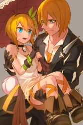 Rule 34 | 1boy, 1girl, :d, asymmetrical gloves, black choker, black coat, black footwear, black gloves, black hairband, black pants, blonde hair, blue eyes, brother and sister, carrying, choker, coat, collarbone, dress, edna (tales), eizen (tales), eye contact, gloves, green ribbon, hair ribbon, hairband, highres, holding, holding umbrella, leg ribbon, long sleeves, looking at another, open mouth, orange ribbon, pants, princess carry, ribbon, short dress, short hair, siblings, side ponytail, single glove, sleeveless, sleeveless dress, smile, sundress, tales of (series), tales of berseria, tales of zestiria, ubo (ubo tales), umbrella, uneven gloves, white dress