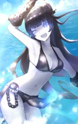 Rule 34 | 1girl, abyssal ship, bad id, bad twitter id, bikini, black bikini, black gloves, black hair, breasts, chain, colored skin, double bun, fang, gauntlets, gloves, glowing, glowing eyes, hair bun, kantai collection, lens flare, light cruiser oni, long hair, medium breasts, navel, ocean, one eye closed, open mouth, pale skin, shaded face, shiny clothes, sidelocks, smile, solo, standing, standing on liquid, sunlight, swimsuit, weasel (close-to-the-edge), wet, wet clothes, white skin