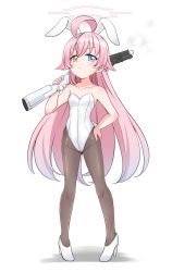 Rule 34 | 1girl, ahoge, alternate costume, blue archive, blush, breasts, collarbone, full body, gun, halo, heterochromia, highres, hoshino ouka, long hair, looking at viewer, pantyhose, playboy bunny, shotgun, simple background, small breasts, solo, weapon, white background