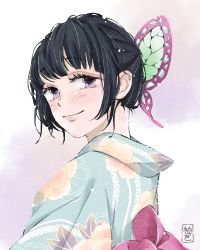Rule 34 | 1girl, alternate hairstyle, black hair, blunt bangs, blush, butterfly hair ornament, closed mouth, commentary request, eyelashes, eyeshadow, floral print, from behind, hair ornament, japanese clothes, kimetsu no yaiba, kimono, looking at viewer, looking back, makeup, obi, purple eyes, sash, sidelocks, smile, solo, tsuyuri kanao, updo, upper body, uz24, white background