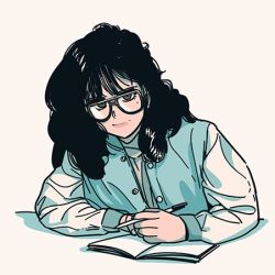 Rule 34 | 1girl, black hair, book, brown eyes, glasses, holding, holding pen, long hair, long sleeves, looking at viewer, lowres, mole, mole under eye, monamin, original, pen, simple background, smile, solo, upper body
