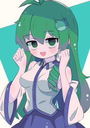 Rule 34 | 1girl, 6gd7b, antenna hair, blue skirt, breasts, collared shirt, commentary request, cowboy shot, detached sleeves, frog hair ornament, green eyes, green hair, hair between eyes, hair ornament, hands up, highres, impossible clothes, impossible shirt, kochiya sanae, open mouth, sanpaku, shirt, skirt, sleeveless, sleeveless shirt, small breasts, smile, solo, touhou, white shirt, white sleeves