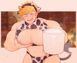 Rule 34 | 1boy, absurdres, alternate costume, animal ears, animal print, bara, bare pectorals, blonde hair, blush, briefs, bulge, character name, commentary, commission, cow boy, cow ears, cow print, cow tail, cup, fake animal ears, falling petals, granblue fantasy, green eyes, highres, holding, holding cup, large pectorals, male focus, male lactation, male underwear, milk, muscular, muscular male, navel, nipples, one eye closed, open mouth, pectoral lift, pectorals, petals, puffy chest, rapbitan, short hair, smile, solo, spilled milk, tail, underwear, vane (granblue fantasy)