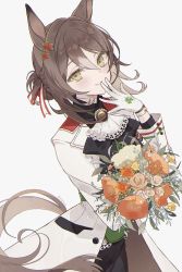 Rule 34 | 1girl, animal ears, ascot, black skirt, blush, bouquet, clover hair ornament, coat, commentary, fine motion (umamusume), flower, gloves, grey background, hair bun, hair ornament, hair ribbon, hand to own mouth, highres, holding, holding bouquet, horse ears, horse girl, horse tail, long sleeves, looking at viewer, orange flower, ribbon, satsuki (miicat), simple background, skirt, solo, tail, twitter username, umamusume, white ascot, white coat, white gloves, yellow eyes, yellow flower