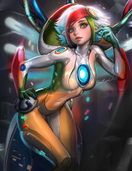 Rule 34 | 1girl, blonde hair, blue eyes, breasts, eyebrows, eyelashes, google, google chrome, gradient background, green hair, hand on own hip, heterochromia, hood, leaning forward, lips, multicolored hair, navel, personification, pointy ears, red hair, sakimichan, short hair, signature, solo