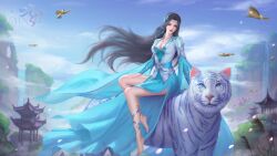 Rule 34 | 1girl, absurdres, artist request, barefoot, bird, black hair, blue eyes, blue sky, chinese clothes, doupo cangqiong, earrings, falling petals, flying, highres, jewelry, long hair, long sleeves, looking at viewer, mountain, necklace, outdoors, petals, second-party source, sitting, sky, solo, tassel, tassel earrings, tiger, water, waterfall, white tiger, yun yun (doupo cangqiong)