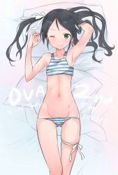 Rule 34 | 1girl, ;), aohashi ame, arm behind head, armpits, arms up, bed sheet, black hair, blue bra, blue panties, blush, bra, closed mouth, commentary, crotch seam, dated, francesca lucchini, from above, gluteal fold, green eyes, groin, hair down, hair ribbon, highres, long hair, looking at viewer, lowleg, lowleg panties, lying, navel, on back, on bed, one eye closed, panties, pillow, ribbon, skindentation, smile, solo, strike witches, striped bra, striped clothes, striped panties, swept bangs, thigh gap, thigh strap, training bra, translated, underwear, underwear only, white ribbon, world witches series