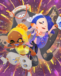 Rule 34 | 1boy, 2girls, ;d, big man (splatoon), black pants, blonde hair, blue hair, chest sarashi, clenched hands, clothing cutout, colored eyelashes, colored skin, colored tongue, crop top, cross-shaped pupils, dark-skinned female, dark skin, earrings, fangs, folding fan, food, food on head, forehead, frye (splatoon), gradient hair, groin, hachimaki, hair over one eye, hand fan, harem pants, headband, highres, holding, holding fan, inkling, jewelry, long hair, looking at viewer, manta ray, multicolored hair, multicolored skin, multiple earrings, multiple girls, navel, nejiri hachimaki, nintendo, object on head, octoling, one eye closed, open mouth, orange skin, outstretched arms, pants, pointy ears, poncho, purple hair, purple skin, purple tongue, red eyes, red pupils, ricco (pixiv74946264), sarashi, see-through, shiver (splatoon), sleeveless, smile, socks, splatoon (series), splatoon 3, symbol-shaped pupils, teeth, tempura, tentacle hair, toeless legwear, turtleneck, turtleneck crop top, two-tone hair, two-tone skin, white pants, white socks, yellow crop top, yellow eyes, yellow pupils