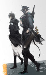 Rule 34 | 2boys, air gun, arknights, arrow (projectile), black coat, black footwear, black hair, black hat, black pants, coat, cow, demon horns, demon tail, doctor (arknights), full body, gloves, grey background, grey gloves, gun, gun on back, hand in pocket, hat, highres, hood, hood down, hooded coat, horns, jacket, kaifei (kaifei 29), knee pads, male focus, mask, mouth mask, multiple boys, pants, pouch, quiver, scout (arknights), short-sleeved jacket, short sleeves, sleeves rolled up, sunglasses, tail, walking, weapon, weapon on back