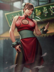 Rule 34 | 1girl, alternate color, audia pahlevi, bracelet, breasts, brown eyes, brown hair, bun cover, capcom, china dress, chinese clothes, chun-li, contrapposto, cowboy shot, double bun, dress, earrings, eyelashes, hand on own hip, highres, jewelry, large breasts, light smile, md5 mismatch, nose, pantyhose, pelvic curtain, player 2, realistic, red dress, resized, resolution mismatch, sash, short hair, sleeveless, sleeveless dress, solo, spiked bracelet, spikes, standing, street fighter, stud earrings, upscaled