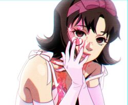 Rule 34 | 1girl, blood, blood on chest, blood on face, bow, brown eyes, brown hair, dress, elbow gloves, glitter, gloves, hair bow, hairband, hand on own chest, hand on own face, kirigoe mima, looking at viewer, perfect blue, pink bow, pink dress, pink gloves, pink hairband, pink lips, pirorin21century, short hair, simple background, smile, solo, white background