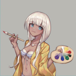 Rule 34 | 1girl, bead necklace, beads, bikini, blue eyes, blunt bangs, blush, breasts, cleavage, collarbone, commentary request, danganronpa (series), danganronpa v3: killing harmony, dark-skinned female, dark skin, ewa (seraphhuiyu), female focus, front-tie bikini top, front-tie top, grey background, hands up, highres, holding, holding paintbrush, jacket, jewelry, long hair, looking at viewer, low twintails, necklace, paintbrush, palette (object), simple background, small breasts, smile, solo, swimsuit, twintails, upper body, white hair, wide sleeves, yellow jacket, yonaga angie