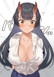 Rule 34 | 1girl, black hair, blush, breasts, bursting breasts, buttons, collarbone, flying button, highres, horns, large breasts, long hair, looking at viewer, oni, oni horns, orange eyes, origamine ouka, original, pleated skirt, popped button, shirt, simple background, skirt, solo, takunomi, wardrobe malfunction, white shirt