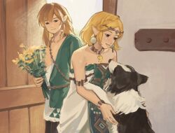 Rule 34 | 1boy, 1girl, armlet, ausure, blonde hair, bouquet, bracelet, braid, circlet, commentary request, crown braid, dangle earrings, dog, dress, earrings, flower, green tunic, hair between eyes, highres, holding, holding bouquet, indoors, jewelry, light smile, link, looking at another, medium hair, nintendo, open door, parted bangs, parted lips, pendant choker, pointy ears, princess zelda, sidelocks, strapless, strapless dress, the legend of zelda, the legend of zelda: tears of the kingdom, upper body, white dress, yellow flower