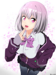 Rule 34 | 1girl, :d, bad id, bad pixiv id, black skirt, bow, breasts, collared shirt, gridman universe, hand in pocket, highres, jacket, large breasts, long sleeves, looking at viewer, open mouth, pantyhose, pink eyes, pleated skirt, purple jacket, shi ma86, shinjou akane, shirt, short hair, simple background, skirt, smile, solo, ssss.gridman, standing, white shirt