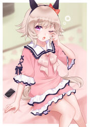 Rule 34 | 1girl, absurdres, alternate costume, animal ears, bed, blurry, blurry background, blush, cellphone, curren chan (umamusume), grey hair, hair between eyes, hair ornament, headband, highres, horse ears, horse girl, horse tail, inairego116, looking at viewer, one eye closed, open mouth, pajamas, phone, purple eyes, sitting, solo, tail, tears, umamusume, waking up