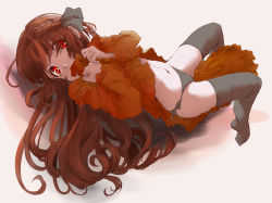 Rule 34 | black panties, black thighhighs, braid, brown hair, clothes lift, covering own mouth, curly hair, dress, dress lift, french braid, frilled dress, frills, from side, full body, hands up, highres, legs, lifting own clothes, long hair, long sleeves, looking at viewer, magia record: mahou shoujo madoka magica gaiden, mahou shoujo madoka magica, marutaya, midriff, navel, no pants, no shoes, orange dress, panties, red eyes, satomi touka, side-tie panties, thighhighs, turning head, underwear