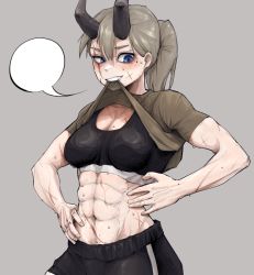 Rule 34 | 1girl, abs, blonde hair, blue eyes, close-up, clothes in mouth, clothes lift, epakim, horns, mouth hold, muscular, muscular female, musical note, original, scar, scar on face, shirt in mouth, shirt lift, shorts, solo, sports bra, sweat, thick thighs, thighs