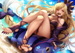 Rule 34 | 1girl, ass, bare shoulders, bikini, blonde hair, blush, braid, breasts, cleavage, collarbone, crossed legs, day, dutch angle, feet, full body, granblue fantasy, hair ornament, heart, heart-shaped pupils, helel ben shalem, helel ben shalem (summer) (granblue fantasy), highres, inflatable toy, jacket, kanopan, large breasts, legs, lens flare, long hair, long sleeves, long toenails, nail polish, off shoulder, open clothes, open jacket, outdoors, pacifier, purple bikini, purple jacket, purple legwear, purple nails, red eyes, see-through, sharp toenails, sitting, solo, sparkle, stirrup legwear, swimsuit, symbol-shaped pupils, toeless legwear, toenail polish, toenails, toes, v-shaped eyebrows, very long hair, water