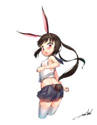 Rule 34 | animal ears, armpits, back, bad id, bad pixiv id, black hair, blouse, blue skirt, blush, chestnut mouth, clothing cutout, commentary request, cowboy shot, fake animal ears, from behind, highres, legs together, long hair, looking back, midriff, miniskirt, open mouth, original, overlord (overlord80000), rabbit ears, rabbit tail, red eyes, shirt, signature, simple background, skirt, sleeveless, sleeveless shirt, solo, tail, tail through clothes, thighhighs, twintails, white background, white shirt, white thighhighs