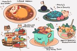 Rule 34 | animal-themed food, arrow (symbol), astrosleep, bee and puppycat, cat, commentary, cupcake, dessert, doughnut, english commentary, eyeball, flower, food, food focus, food request, hardboiled egg, highres, ice cream, mashed potatoes, no humans, omelet, omurice, pink flower, pouring, pretty patrick, pudding, simple background, sparkle, tempbot, white background