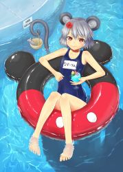 Rule 34 | 1girl, animal ears, bad id, bad pixiv id, barefoot, basket, disney, drink, drinking straw, feet, female focus, flat chest, flower, food, fruit, grey hair, hair flower, hair ornament, hibiscus, highres, holding, holding with tail, innertube, mickey mouse, mokk, mouse (animal), mouse ears, mouse tail, nazrin, one-piece swimsuit, partially submerged, pool, prehensile tail, red eyes, school swimsuit, shadow, short hair, sitting, smile, soaking feet, solo, swim ring, swimsuit, tail, touhou, water