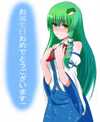 Rule 34 | 1girl, detached sleeves, female focus, frog, gift, green hair, hair ornament, holding, holding gift, japanese clothes, kochiya sanae, long hair, miko, snake, solo, standing, touhou, translated, white background, windtalker, yellow eyes
