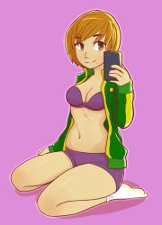Rule 34 | 1girl, absurdres, bike shorts, bra, breasts, brown eyes, brown hair, caffeccino, cellphone, clothes lift, green jacket, highres, jacket, open clothes, panties, panty pull, persona, persona 4, phone, satonaka chie, shirt lift, short hair, socks, striped clothes, striped jacket, track jacket, underwear
