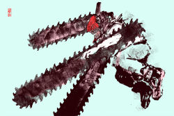 Rule 34 | 1boy, chainsaw, chainsaw man, denji (chainsaw man), hybrid, looking to the side, midair, no eyes, open mouth, sakae (cj60909002), sharp teeth, simple background, solo, spot color, teeth, white background
