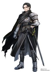 1boy absurdres armor black_cape black_eyes black_footwear black_hair cape closed_mouth commission highres komota_(kanyou_shoujo) looking_at_viewer male_focus armored_boots original pauldrons pouch shoulder_armor simple_background skeb_commission solo standing sword weapon white_background